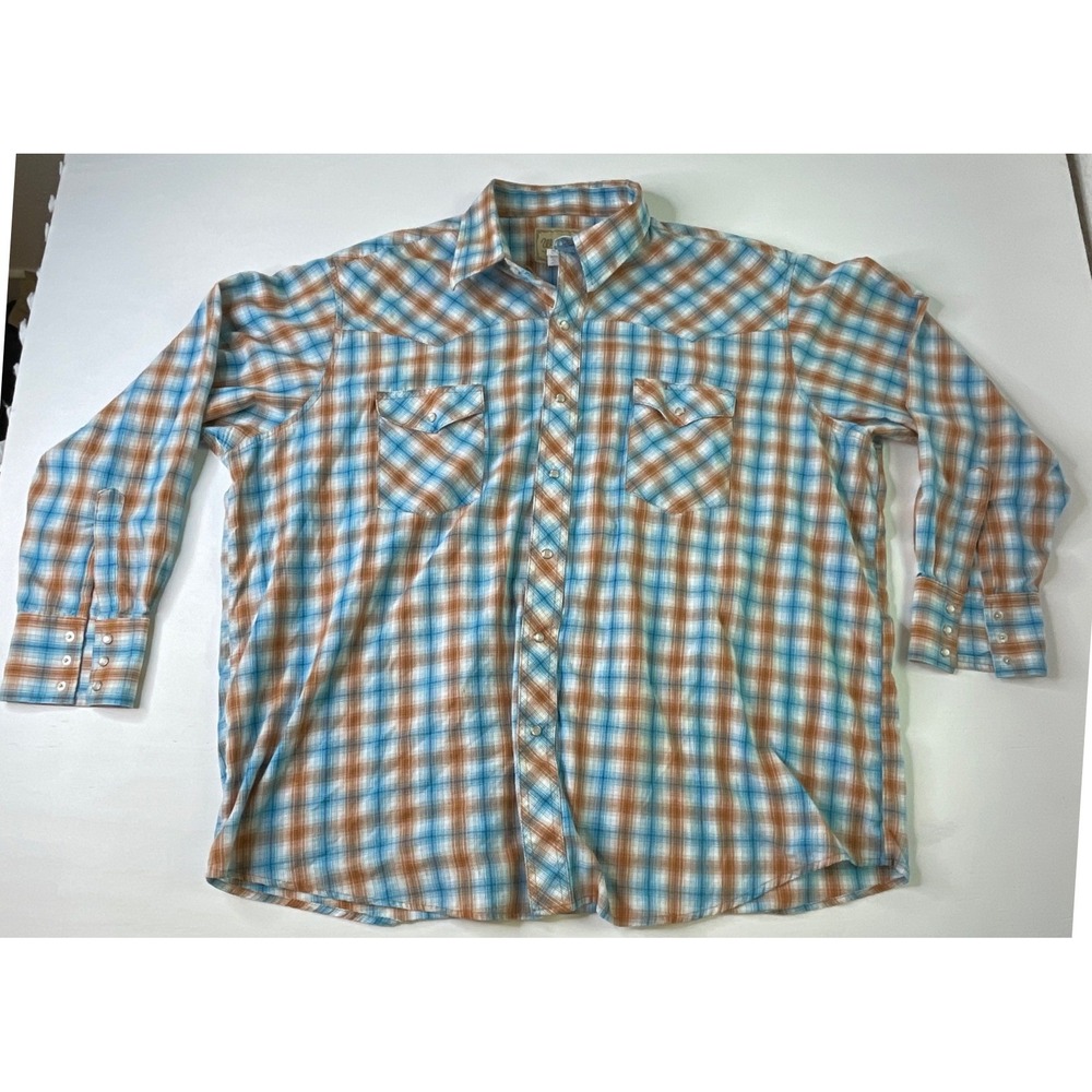 Wrangler Mens Shirt Western Plaid Pearl Snap 2XL Blue Orange Cowboy Americana